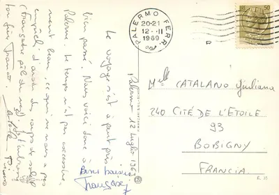 Saluti dalla Sicilia — collage de sites sicilianos — Éd. P. Marzari & Srl, Milão — Verso
