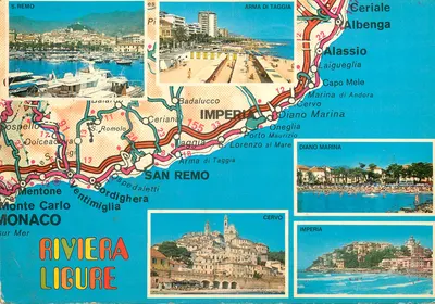 Riviera Ligure — Karta pocztowa turystyczna z widokiem na San Remo, Arma di Taggia, Cervo i Imperia — wydane przez L'Arcobaleno S.a.S. - Bologna