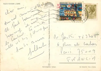 Riviera Ligure — Karta pocztowa turystyczna z widokiem na San Remo, Arma di Taggia, Cervo i Imperia — wydane przez L'Arcobaleno S.a.S. - Bologna — Rewers