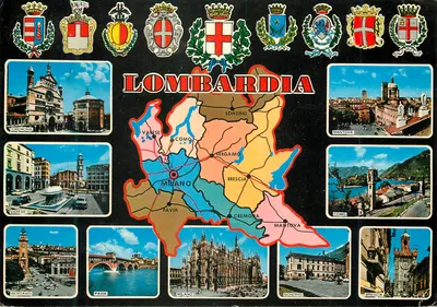 Lombardia — carta postal turística com mapa e fotos de cidades — editada por ROTALCOLOR