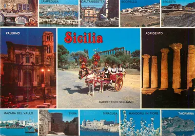 Sicília — Carta postal panorâmica com 10 vignettes — Panini Graphicolor