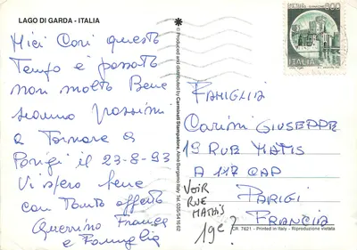 Lago di Garda — widok panoramiczny z miastem, żaglówkami i zamkiem — wydawca Carninati Stampatore — Rewers