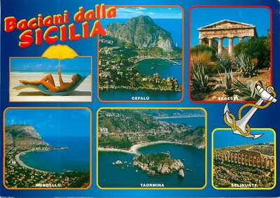 Bacioni dalla Sicilia — Cefalù, Segesta, Mondello, Taormina, Selinunte — Stampa Grafica Bolognese
