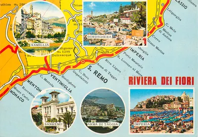 Riviera dei Fiori — Karta pocztowa turystyczna z mapą i zdjęciami miejsc — Casa delle Cartoline - Sanremo