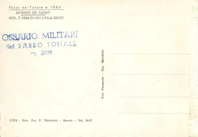 Passo del Tonale m. 1884 — El Monumento-Ossario — Ediz. Fot. F. Micheletti, Brescia — Reverso