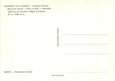 Madonna di Campiglio — Dolomitas de Brenta — Bocca del Tuckett, Dente di Sella, Rifugio del Tuckett — Fotoedizioni Vendist n° 000031 — Reverso
