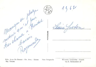 Seiano - Spiaggia — widok plaży z łodziami i odwiedzającymi — Anna De Simone, Riv. Mon. - Seiano — Rewers