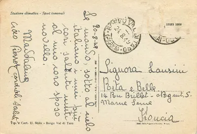 Borgo Val di Taro (m. 411 s. m.) — Szkoły podstawowe i Techniczne Liceum Główne — Tip. Cart. U. Stoto — Rewers