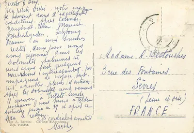 Bilhete postal moderno Lago di Misurina (m 1735) Sorapis (m 3229) — Verso