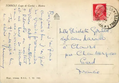 Torbole (Lago di Garda) — Motivo — Ripr. vietata R.D.L. 7. XI. 1925 — Verso
