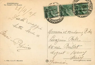 Bilhete postal moderno Domodossola via Galeti e Via Rosmins — Verso