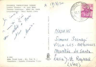 Guardia Piemontese Terme — Albergo S. Lucia — editor Tondi Luigi, n° 1378 — Verso