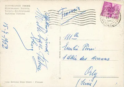 Montecatini Terme - Estabelecimento Torretta — editor Gino Giusti, n°30 — Verso