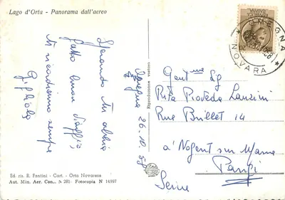 Lago d'Orta - Panorama dall'aereo — Ed. ris. R. Fantini - Cart. - Orta Novarese, seria N 14997 — Rewers