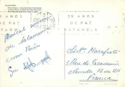 Praça Mayor de Salamanca — iluminada à noite — editor Tournier-Vitoria, n° 124-1963 — Verso