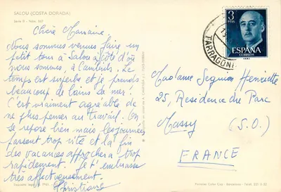 Salou (Costa Dorada) — widok plaży z drzew sosnowych — wydawca A. Campaña y J. Puig-Ferran, seria II nr 857 — Rewers
