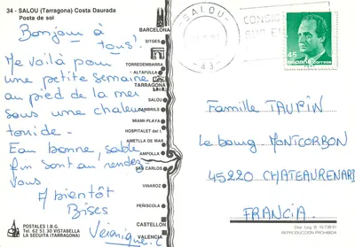 Salou — zachód słońca nad brzegiem morza — Postales I.B.G. — Rewers