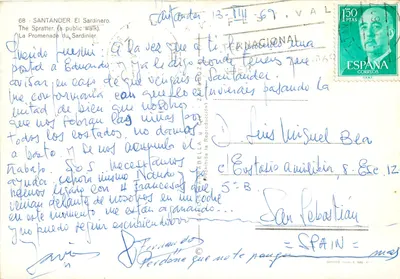 Santander - El Sardinero — A Promenade do Sardinero — editor Spratter, n°68 — Verso