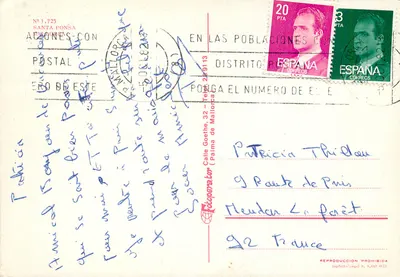 Santa Ponsa — widok panoramiczny z centrum z fontanną i palmami — wydawca ACOJONES-CON, nr 1.725 — Rewers