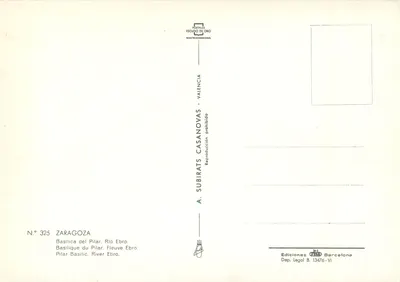 Zaragoza — Bazylika Pilara i rzeka Ebro — wydawca Subirats Casanovas, n° 325 — Rewers