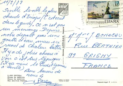 Seville — Ogród z budynkiem i parą w strojach — Wydawnictwo Arribas, nr 2.090 — Rewers