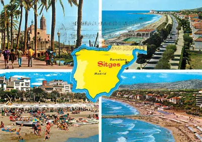 Sitges — praia, cidade e mapa da Catalunha — editor R. Grassó, n° 122