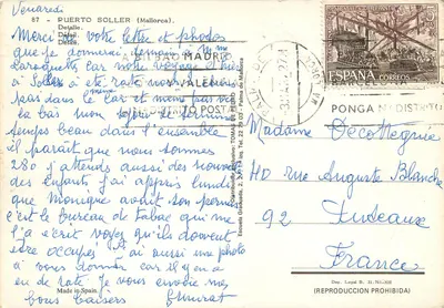 Puerto Soller — widok plaży i tramwaju — wydawca Tomas de Pédro — Rewers