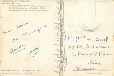 Cathédrale de Tarragone — Jardin du cloître et clocher — Éditeur RAYMOND, Tarragone — Verso