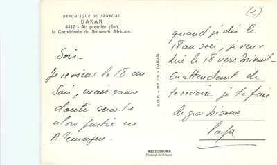 Katedra Pamięci Afryki — Dakar — Republika Senegalu, wydawca A.D.P. n° 4417 — Rewers