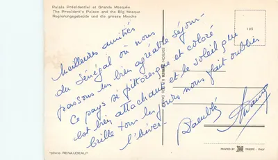 Dakar — Pałac Prezydencki, Wielka Mezquita, widok z powietrza i rybacy — Wydawnictwo Africa BA 1226 — Rewers