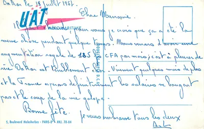 Flugzeug UAT Aeromaritime — Dakar — Verlag UAT — Rückseite