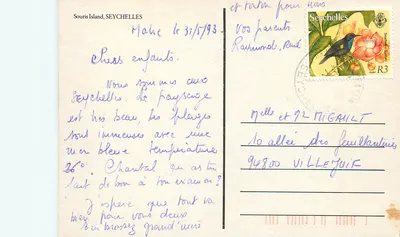 Souris Island, Seychelles — widok małej skałowej wyspy otoczonej turkusowym morzem — wydawca nieznany — Rewers