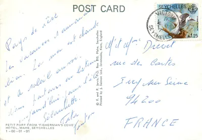 Petit Port z 'Fisherman's Cove' — Mahe, Seychelles — Wydrukowane przez J. Salmon Ltd, Sevenoaks, Kent, Anglia — Rewers