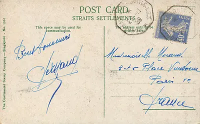 Zbiornik wodny, Singapur — widok palmy z liśćmi wentylatora — wydawca The Continental Stamp Company, n° 1010 — Rewers