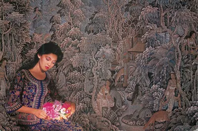 Mulher com buquê de flores — cena de floresta — editor Montchocet, n° 25