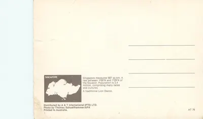 Tradycyjna tańca lwia — Singapur — wydawca A & T International (PTE) LTD, nr AT 76 — Rewers