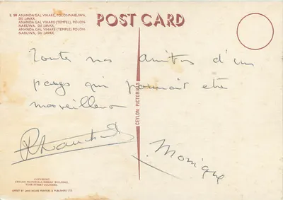 Cabeça do Buda — Ananda Gal Vihare, Polonnaruwa — Ceylon Pictorials — Verso
