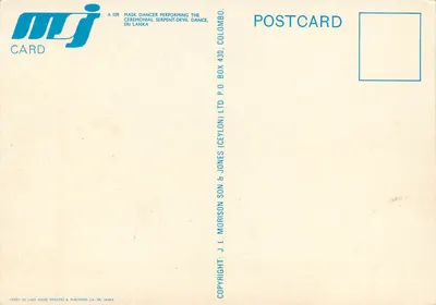 Tancerz z maską wykonujący ceremonijną taniec węża-demony — Sri Lanka — MJJ Card n°109 — Rewers