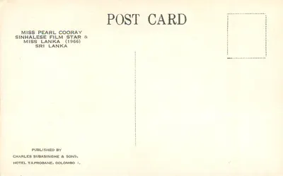 Miss Pearl Cooray — Estrela de cinema sinhalesa & Miss Lanka (1966) — Charles Subasinghe & Sons, Colombo — Verso