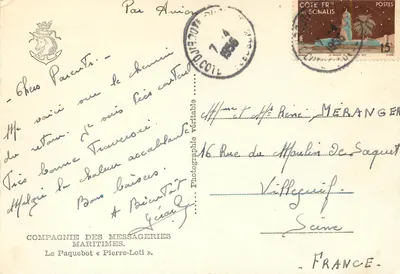 Paquebot « Pierre-Loti » — Compagnie des Messageries Maritimes — Côte Française des Somalis — Verso