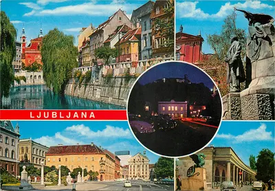 Ljubljana — vista panorâmica com estátua e noite — editor NIP Vjesnik, Zagreb, n° 2116