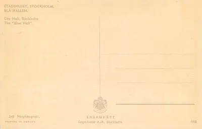 Stadshuset, Stockholm — Blå Hallen — Sago-konst A.-B. Stockholm, nr 118 — Rewers