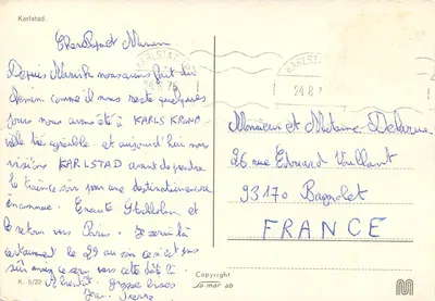 Saudações de Karlstad — Hotel da Cidade, Banco de Crédito, estátua e igreja — Sa-mar ab — Verso