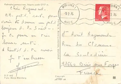 Massif Kebnekaise, najwyższy punkt 2117 m — wydawca K. Rune Lundström, nr D.2/442 — Rewers