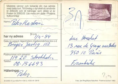 Tranor flyttfåglar — Grilos em voo ao pôr do sol — Postens tryckeri 1983 — Verso