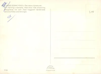 Catedral de Lund — O grande relógio astronômico — Editor Ed Danielson AB, n°719 — Verso