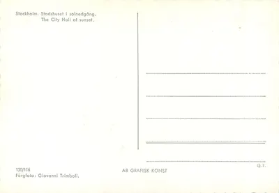 Estocolmo. Stadshuset ao pôr do sol — AB GRAFISK KONST, n° 130/116 — Verso
