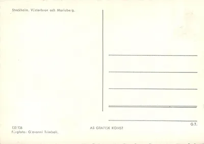 Estocolmo — Ponte Västerbron e Marieberg — AB Grafisk Konst, n° 130/136 — Verso