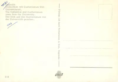 Uppsala — Catedral e Gustavianum do Universidade — Editora: AB Axel Pettersson & Filho, Uppsala — Verso