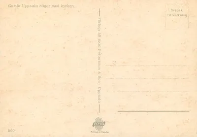 Túmulos de Gamla Uppsala com a igreja — Editora: AB Axel Pettersson & Filho, Uppsala — n° 800 — Verso
